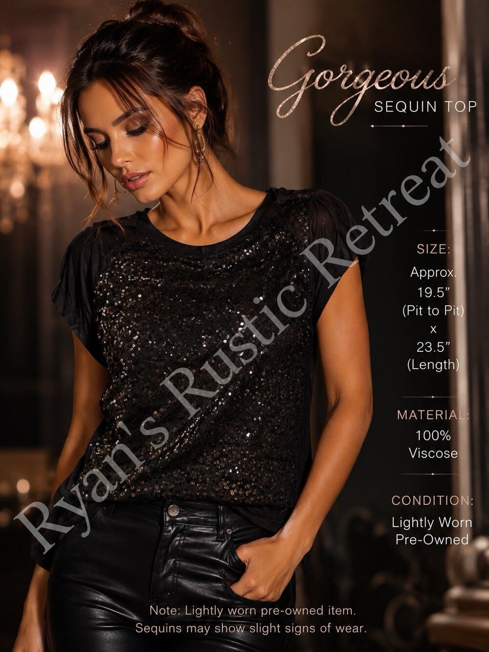 Gorgeous Black Sequin Top Women’s Short Sleeve Party Club Blouse Lightly Worn DK
